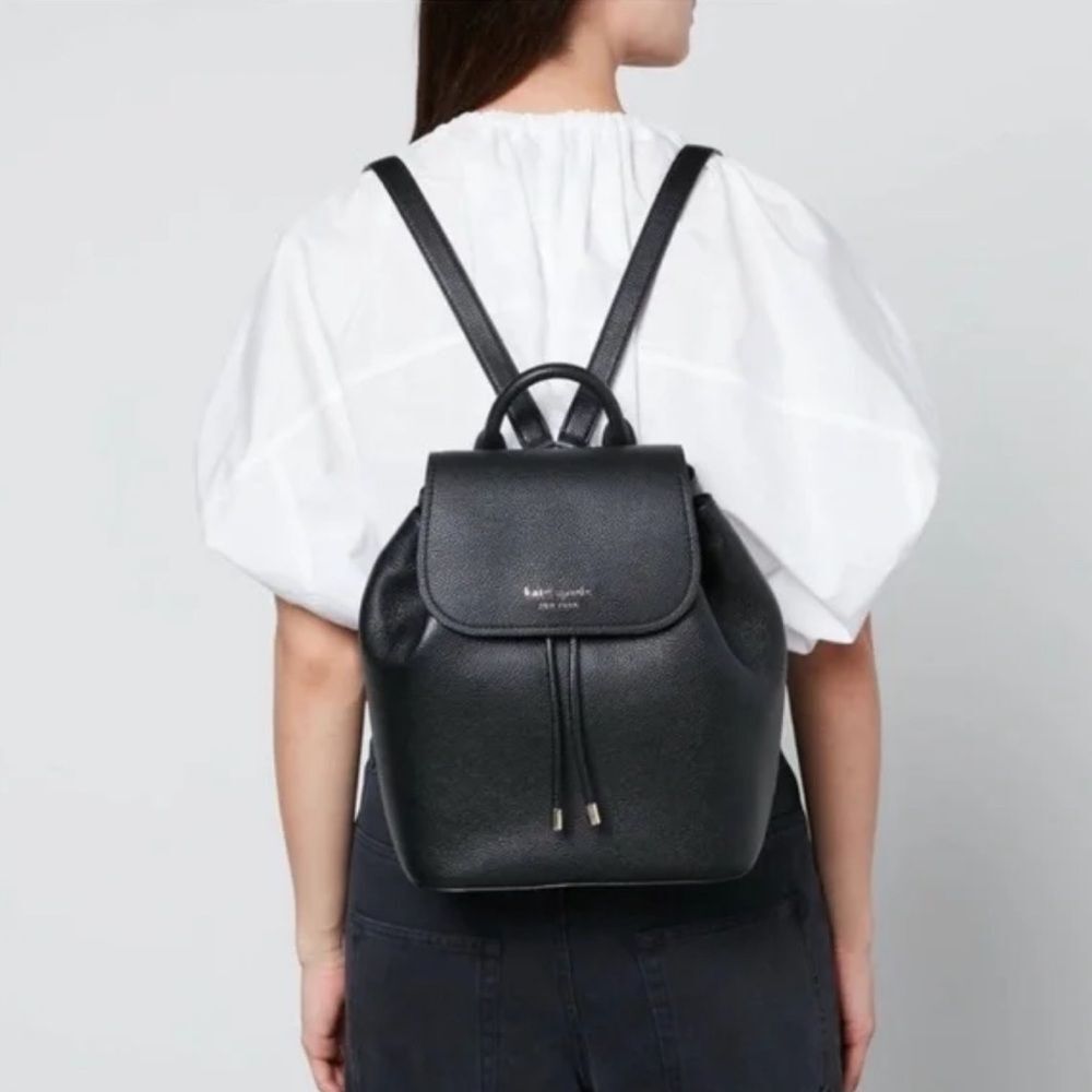 Kate Spade Black Pebbled Leather Backpack Adjustable Straps Gold Tone Logo Chic